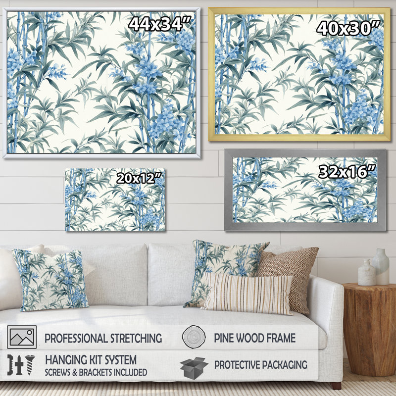 Sérénité chinoise en bambou bleu I sur toile, H 30 po x l 40 po x P 1,5 po, Toile tendue