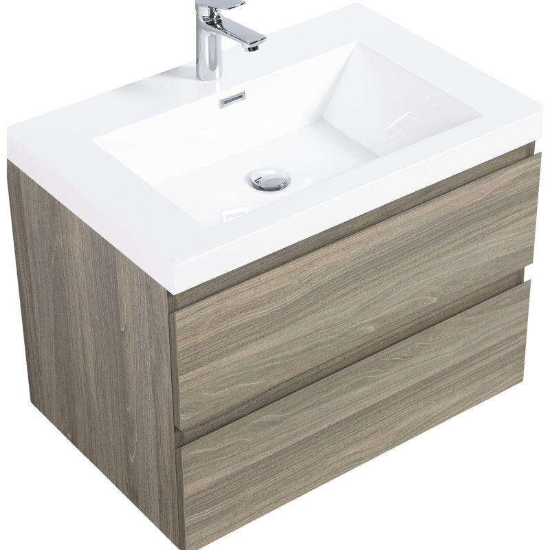 Meuble-lavabo flottant avec lavabo 30 po, compartiment mural, comptoir en résine, tiroirs à fermeture en douceur, lavabo gris cendré de 30 po, casier à tiroir contemporain, fermeture discrète