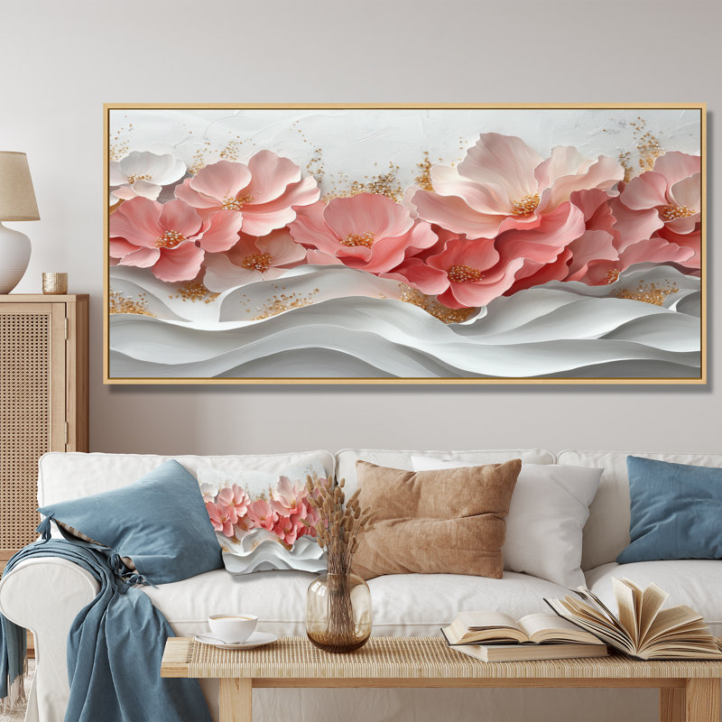 Art mural doré doré veines marbrées de pétales de fleurs I, H 28 po x l 60 po, Floater Framed, Argent argent