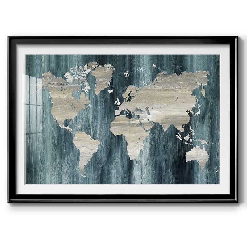 " Navy World Map ", Black, 15" H x 21" W x 1.5 D