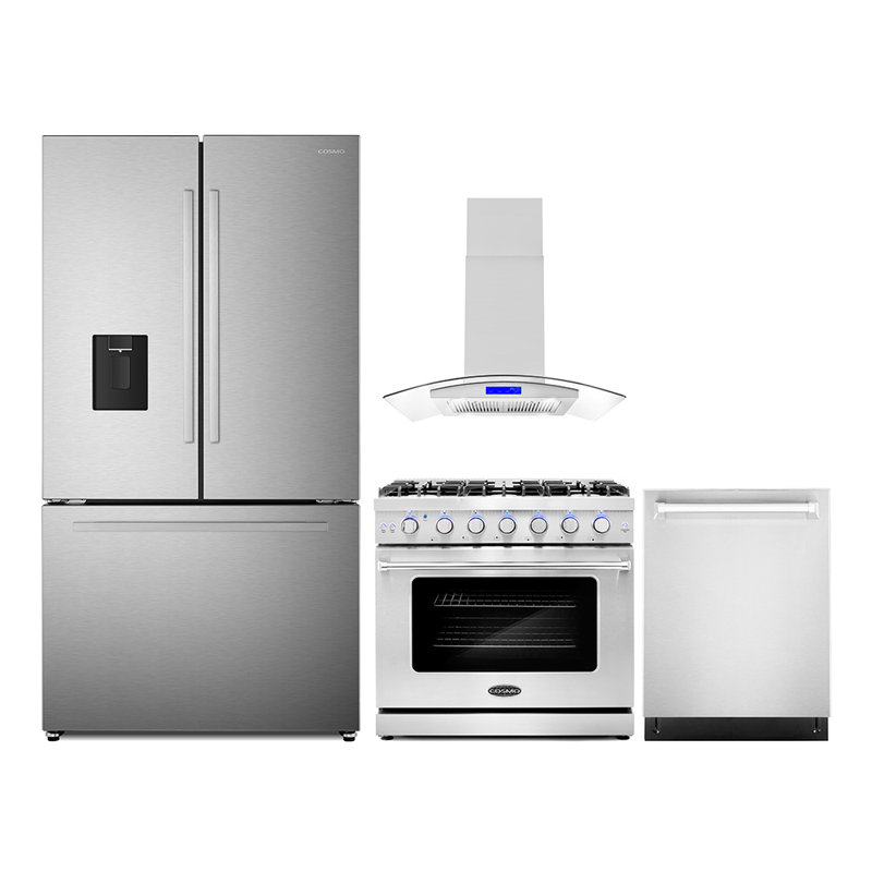Cosmo 4 Piece Kitchen Appliance Package with French Door Refrigerator 36'' Gas Freestanding Gas Built-In Island Range Hood