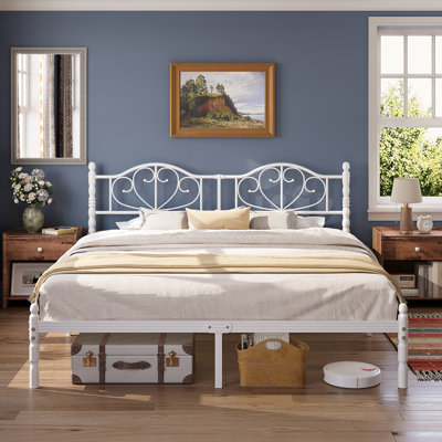 White Metal Platform King Bed Frame With Decorative Headboard, Heavy Duty Steel Slats, No Box Spring Required