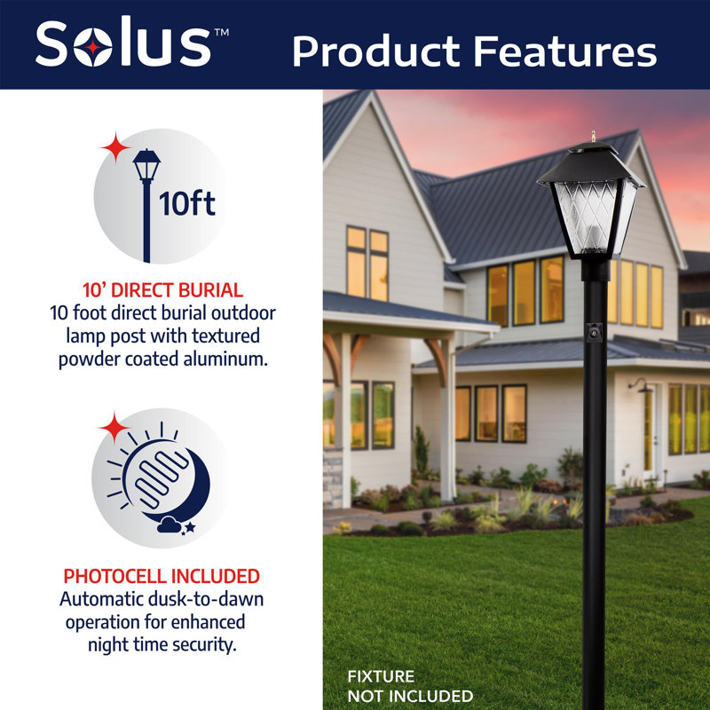 Solus Outdoor Hardwired Direct Burial Lamp Post with Dusk-to-Dawn Photocell Sensor, 120" H x 3" W x 3" D, Black