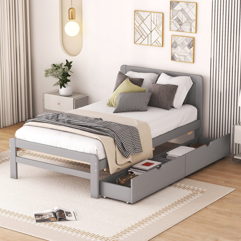 Structure de lit plateforme moderne avec 2 tiroirs, Gris