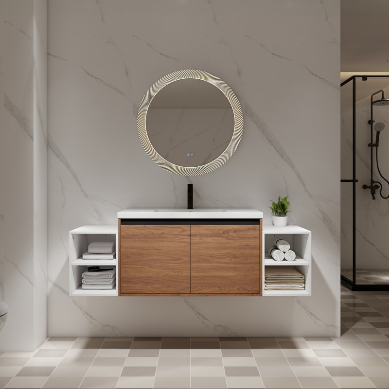 Meuble-lavabo mural avec lavabo à poser en résine, deux tablettes et portes à fermeture en douceur, 60"