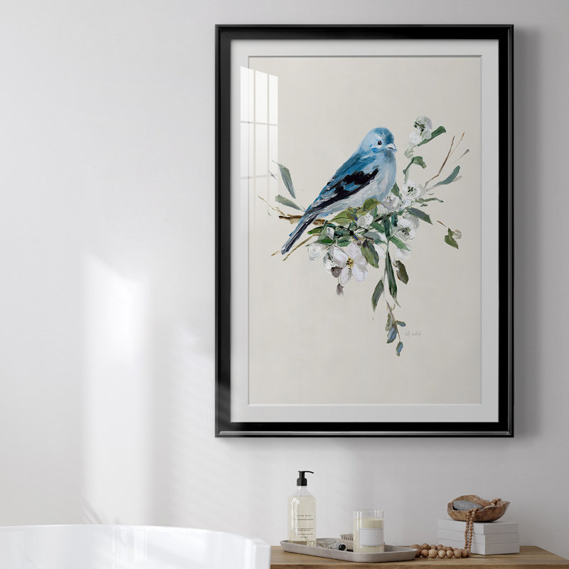 Oiseau bleu heureux I - Estampe d'histoire naturelle, encadrée sous verre et sous passe-partout, décoration murale pour bureau ou salon