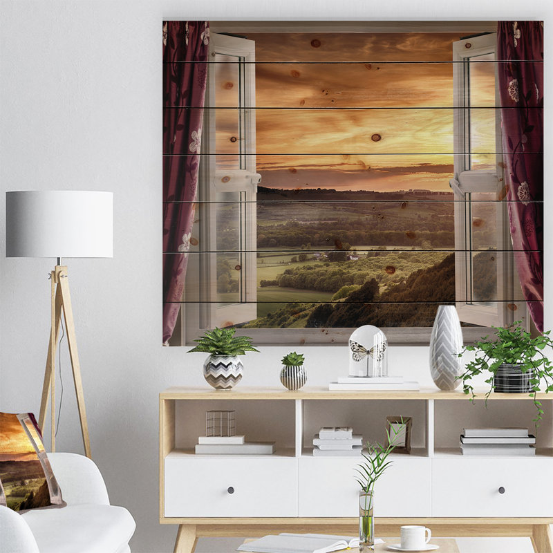 Fenêtre ouverte sur paysage champêtre - décor d'art mural en bois nautique et côtier - bois de pin naturel