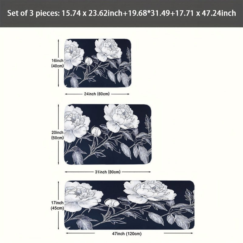 Ensemble de 3 tapis de cuisine bleu marine et pivoines pour cuisine et chambre à coucher modernes