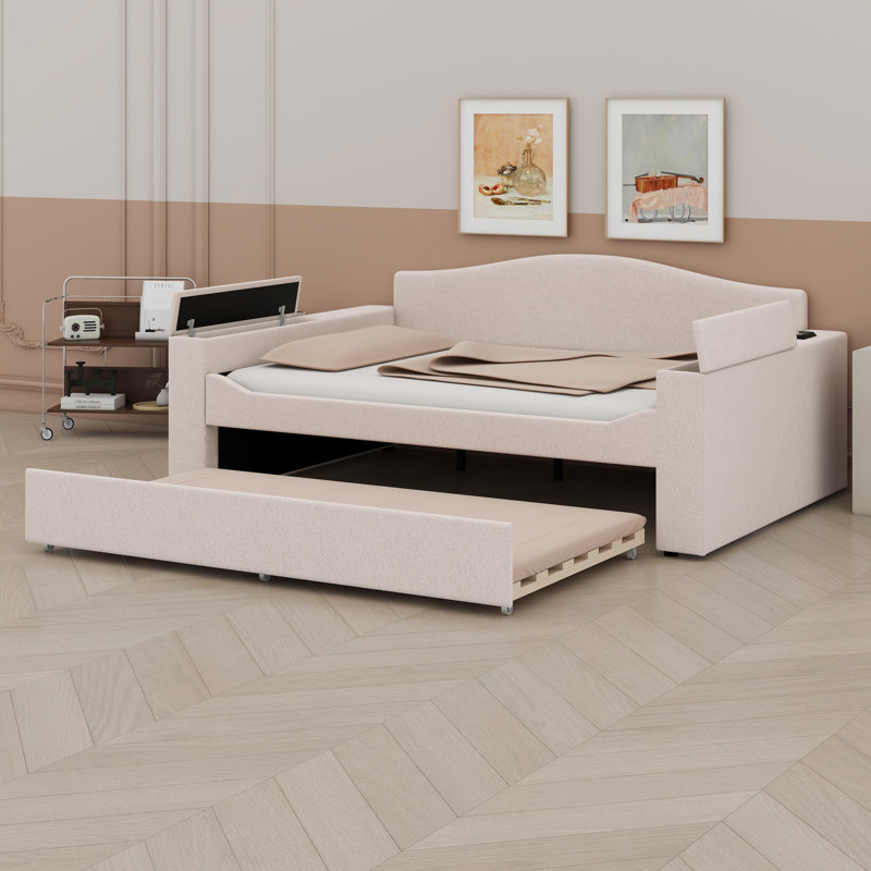 Lit de jour rembourré avec accoudoirs de rangement, lit gigogne et dernier système audio Bluetooth intégré, Beige