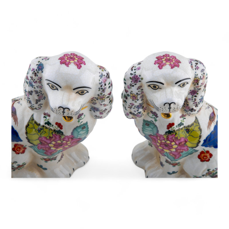 Porcelain Staffordshire Dog Figurines Pair, Blue floral
