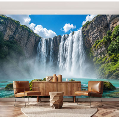 Wall Mural Peel and Stick Majestic Waterfall Cascade Turquoise Lagoon Mossy Rocks Large Wallpaper Self-Adhesive Removable Contact Paper Wall Decor for Living Room Bedroom Nursery 69"H x 96"W