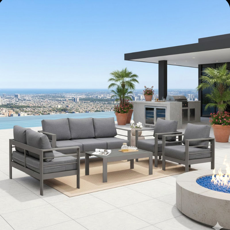 Ensemble de conversation de patio 5 pièces en aluminium 5 pièces, canapé d'extérieur 7 places avec coussins épais gris foncé et structure grise et table basse