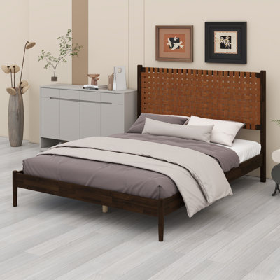 Handwoven Leather Headboard Mid-Century Modern Platform Bed