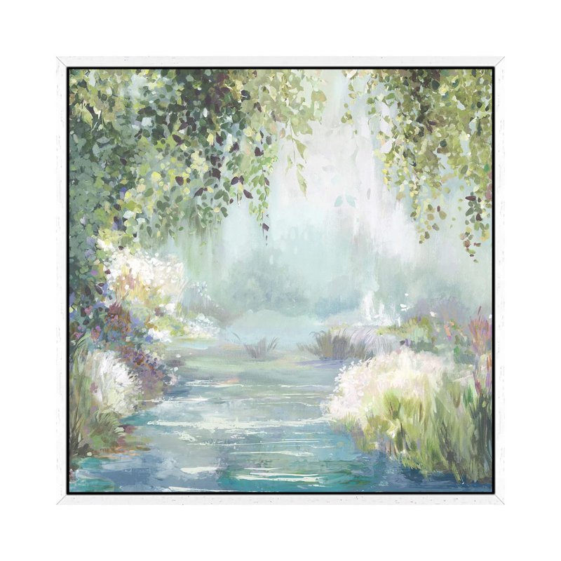 Sunny Forest Path by Allison Pearce - Painting on Canvas, White Framed, 66.04cm H x 66.04cm W x 3.81cm D