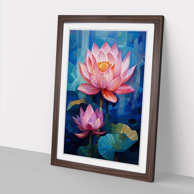 Lotus Flower Cubism - Single Picture Frame Print on Wood, Walnut Framed, 34cm H x 25cm W x 2cm D