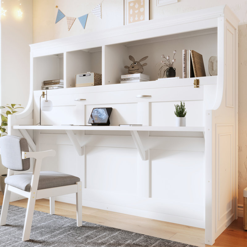 Lit escamotable simple, bureau intégré et tablettes de rangement, conception peu encombrante, maison de campagne moderne, pièce multifonctionnelle