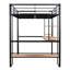 Lit mezzanine double en métal pleine grandeur, bureau long noir et tablettes pour un espace de bureau à domicile polyvalent