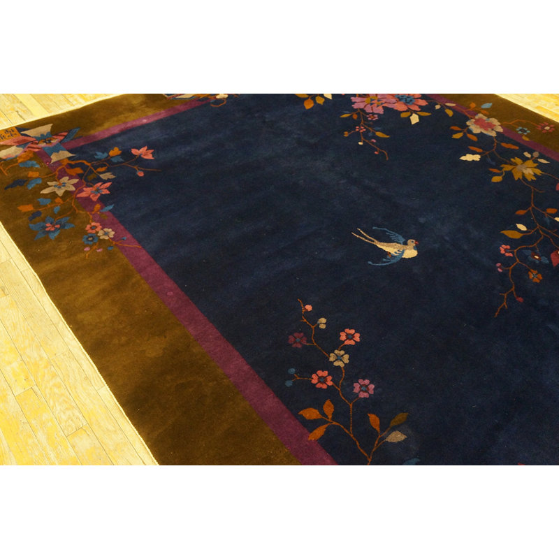 Hand Knotted Pile Antique Blue 1920s Wool Rectangle Rug