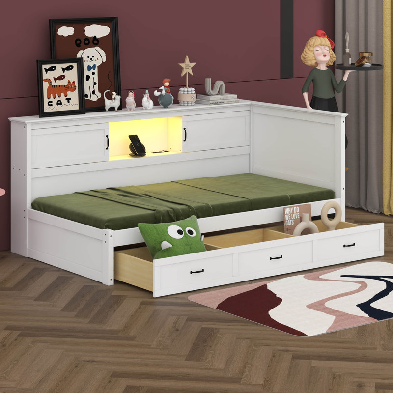 L-Shaped Bed Frame With Drawer And Bookcase, Corner Bed Wooden Captain Bed With Led Downlight And USB Port, Twin