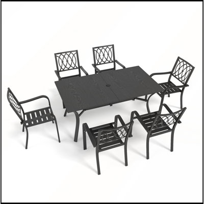 Ensemble de salle à manger d'extérieur 7 pièces : table 63 x 38 pouces, aspect bois, trou pour parasol, 6 chaises, capacité de charge : 159 kg