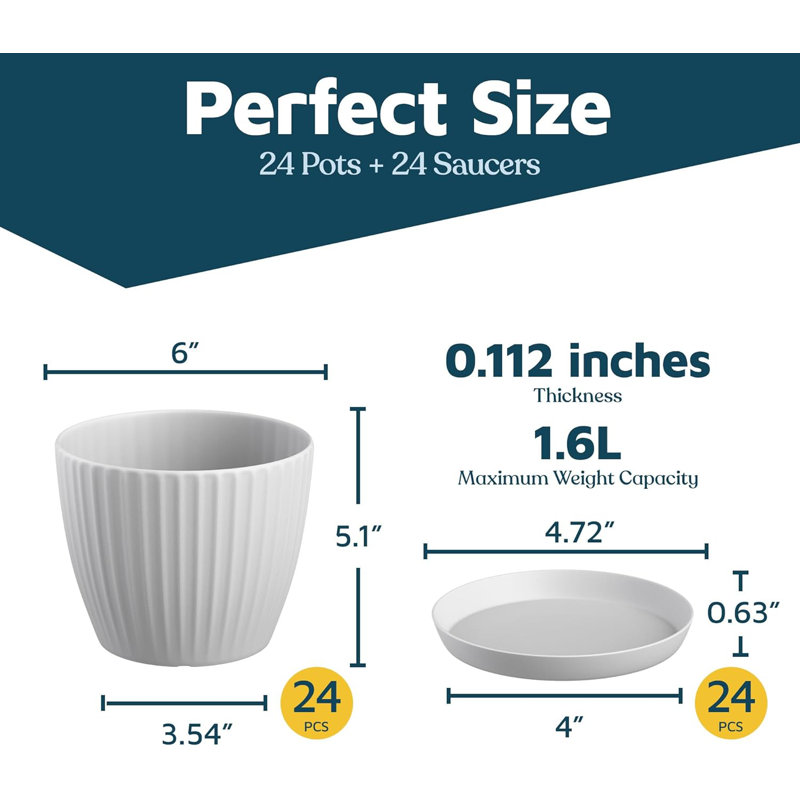 Plant Pots with Drainage & Saucers, Indoor & Outdoor Planters for Houseplants, Herbs, and Flowers, Durable & Weatherproof Material, Stackable, Lightweight, Minimalist Design, Pack of 24