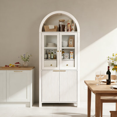 71" Fluted Tall Arched Pantry Cabinet with Adjustable Shelves, Elegant Display Storage with Hidden Drawer & Glass Door for Kitchen, Living Room, Dinin