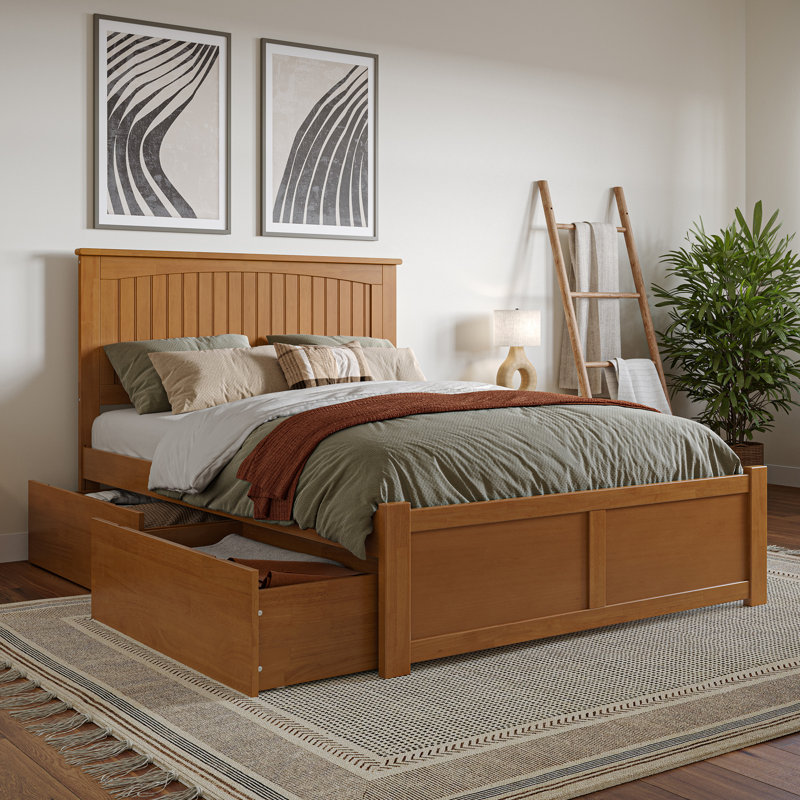 Lit plateforme en bois massif avec pied de lit et tiroirs de rangement Nantucket, Caramel clair, Double