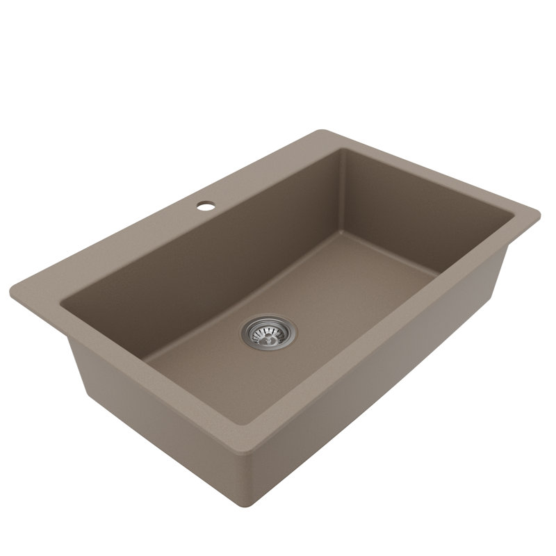 Karran Quartz 33'' X 22'' Large Single Bowl Drop-in Kitchen Sink With Bottom Grid and Strainer, Concrete