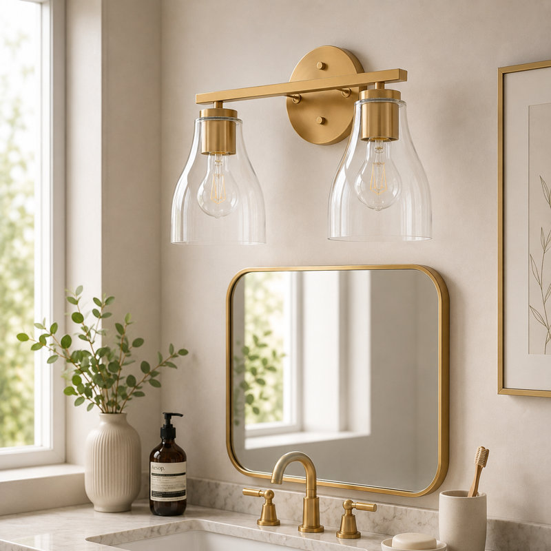 Lumière de meuble-lavabo à intensité variable, Laiton brossé, Deux lumières, 10" H x 15" W x 6.5" D