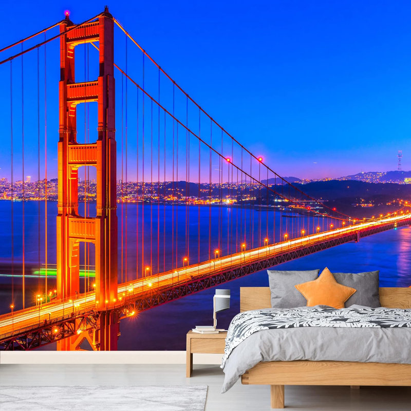 Night Golden Gate Bridge Neon Lights Cityscape Photography City Buildings Wallpaper Murals, 66" L x 96" W