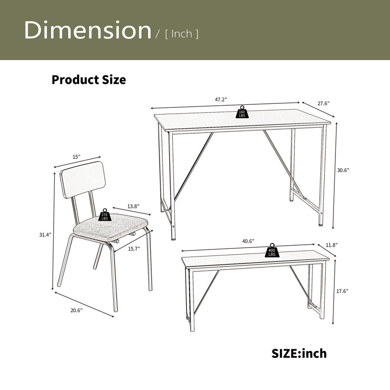 Ensemble de table de salle à manger 4 pièces, table de cuisine et 2 chaises pour 4 avec banc pour la maison