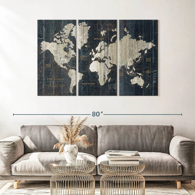 Carte du vieux monde en bleu sur toile, ensemble de 3 pièces, H 57 po x l 36 po x P 1,25 po