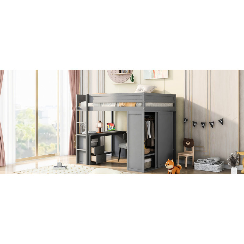 Lit mezzanine gris moderne avec placards, 2 bureaux et une armoire - Option 2 lits simples pleine grandeur avec option d'économie d'espace