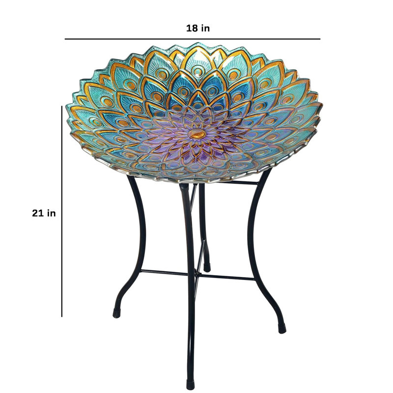 18" Handpainted Glass Flower Birdbath with Folding Metal Stand, Weather-Resistant Outdoor Garden Accent