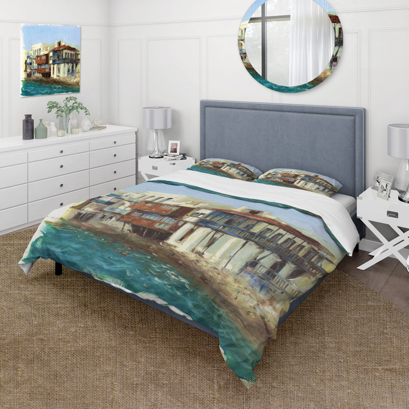 Vieilles maisons sur l'île de Mykonos, Grèce - Ensemble de housse de couette nautique - Polyester en microfibre