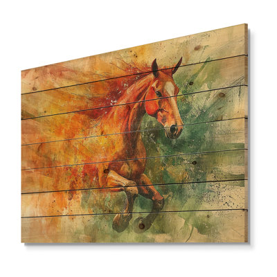 Golden Freedom Unbridled Horse Portrait II - Horse Animal Wood Wall Decor - On Natural Pine Wood
