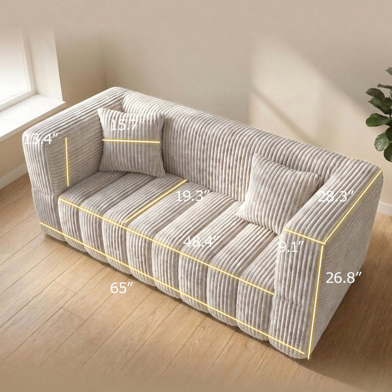 Modern Corduroy 2-Seater Loveseat with Oversized Armrests, Small Space Sofa, White
