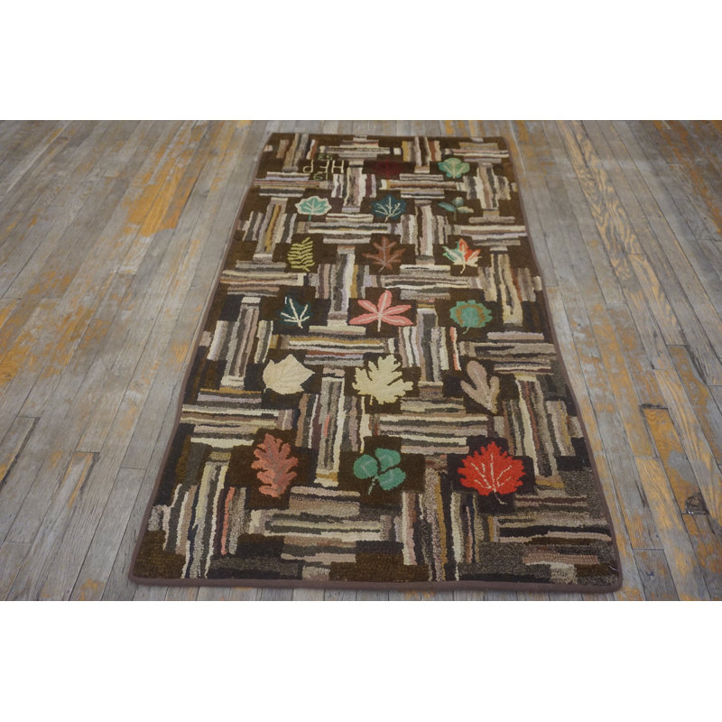 Bold Brown Color Vintage Mid Century American Folk Art Leafe Pattern Hooked Rug