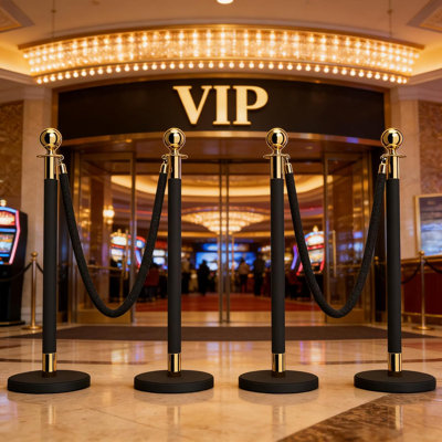 Ensemble de 4 chandeliers de qualité supérieure avec corde en velours noir | Poteaux de contrôle des foules dorés et noirs de 31,5 po, bases remplissables pour les mariages, les événements Vip, les présentoirs de détail - élégance et stabilité ultimes