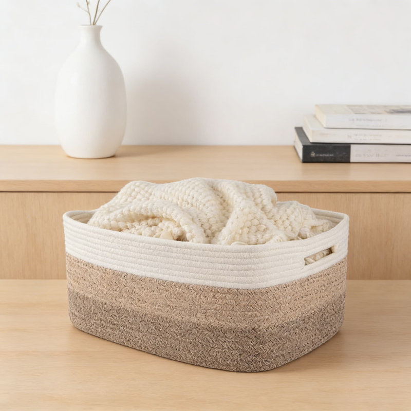 Large Woven Storage Basket Set Of 2, Natural Cotton Rope Organizer Bin For Shelves, Closet, Nursery, Living Room For Clothes, Toys, Blankets, And Home Organization