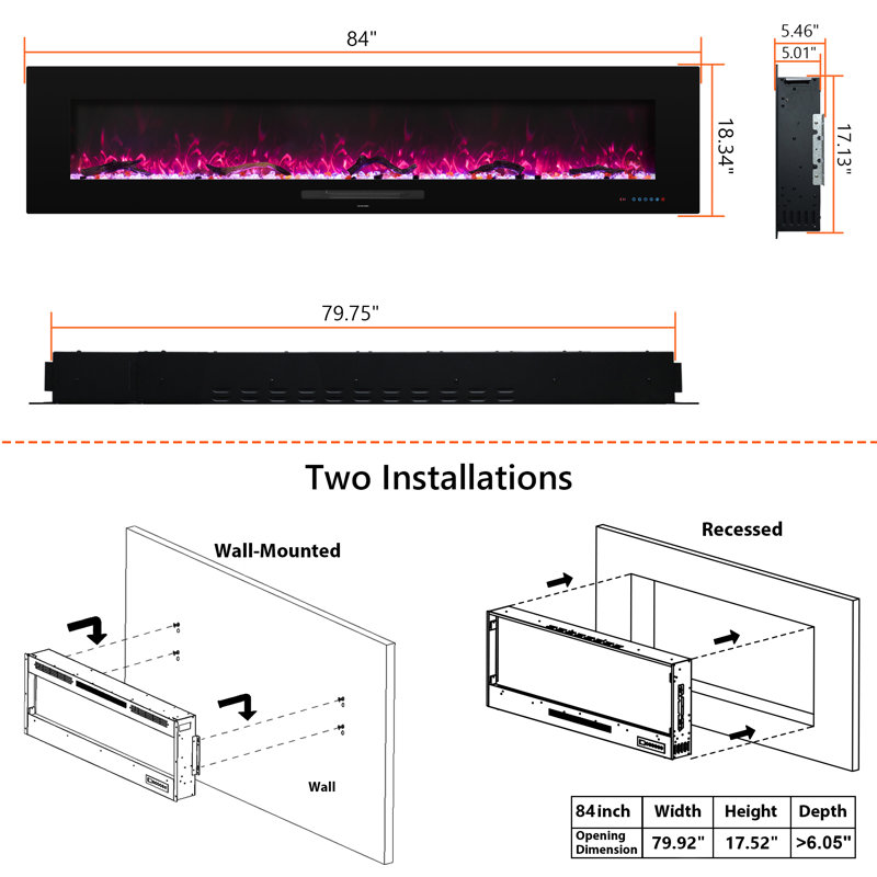 Abbriella Recessed/Wall-mounted  Electric Fireplace With Remote Control, Black, 18.34" H x 84" W x 5.46" D