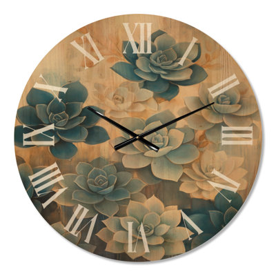 Horloge murale silencieuse de style bohème, imprimée sur bois, ornée de succulentes bleues superposées