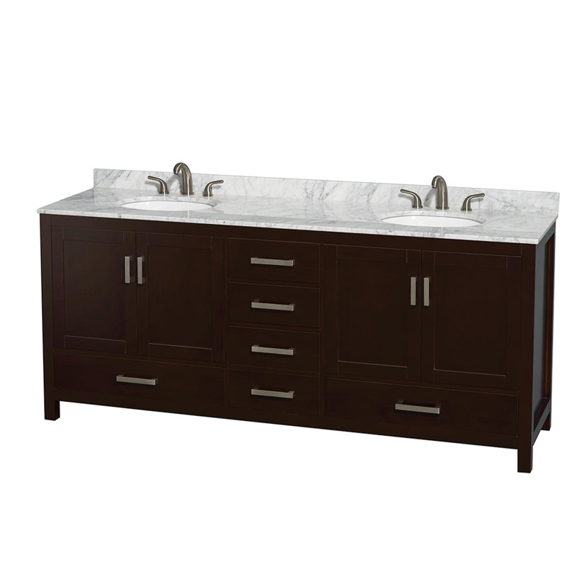 Meuble-lavabo double autoportant avec plateau en marbre Sheffield, Carrera blanche, Blanc