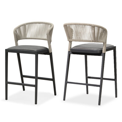 Patio Pebble Grey Bar&Counter Stool Set Of 2 Modern Aluminum Rattan Wicker With Backrest And Cushion For Kitchen Lawn Pool Bar Chairs