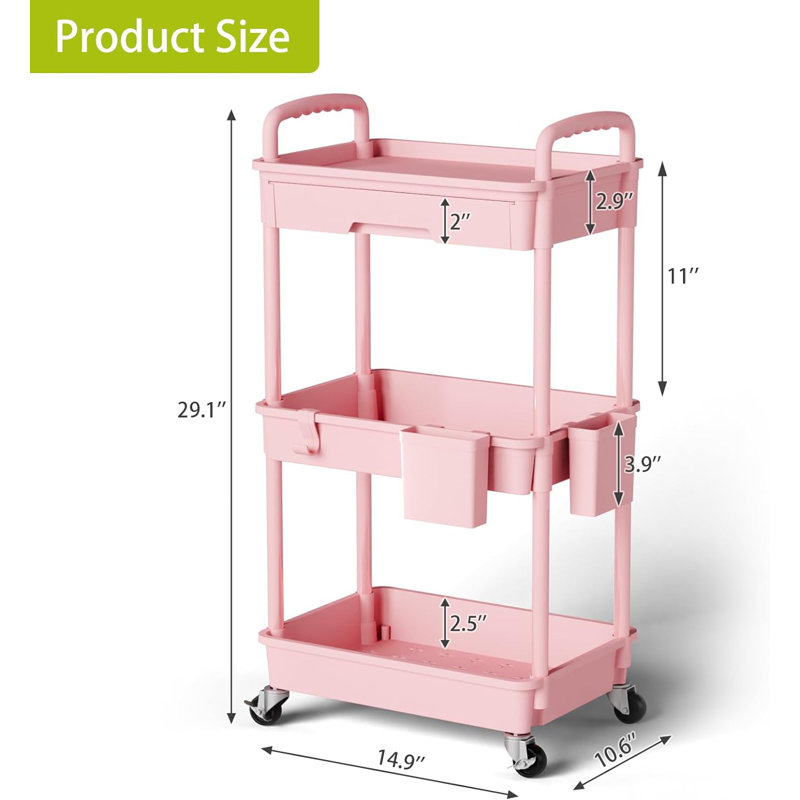 Chariot de rangement à 3 niveaux avec roulettes, organisateur mobile avec tiroir et crochets pour la cuisine, la salle de bain, la salle de lavage, le bureau, la chambre à coucher - tablettes réglables, conception robuste et peu encombrante