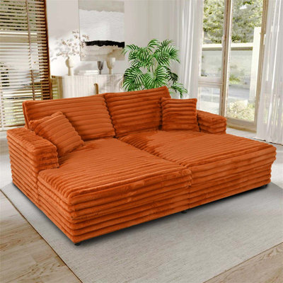 Oversized Loveseat Chaise Lounge Sofa Bed with Throw Pillows, Fluffy Corduroy Upholstered Cloud Couch for Relaxing in Living Room