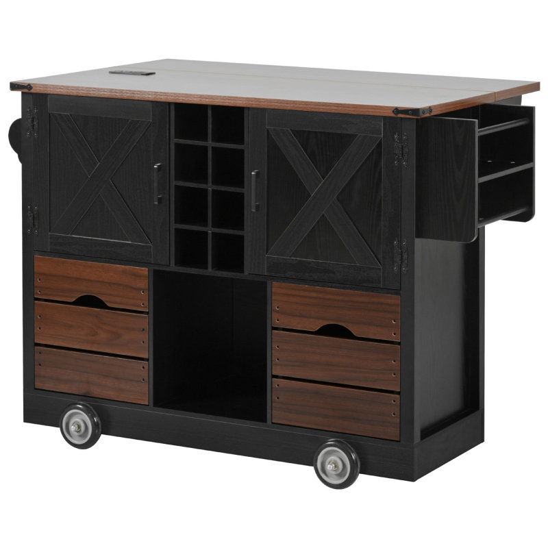 K&K 54" Farmhouse Kitchen Island With Drop Leaf, Power Outlet, Kitchen Storage Cart With 2 Doors, 2 Drawers, Rolling Kitchen Island On 4 Large Wheels With Spice Rack For Kitchen, Dining Room, Black