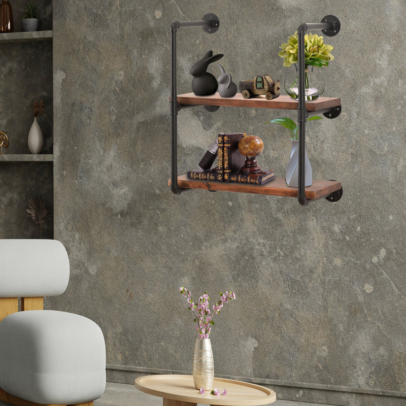 2 Piece Walnut Floating Shelf with Towel Bar