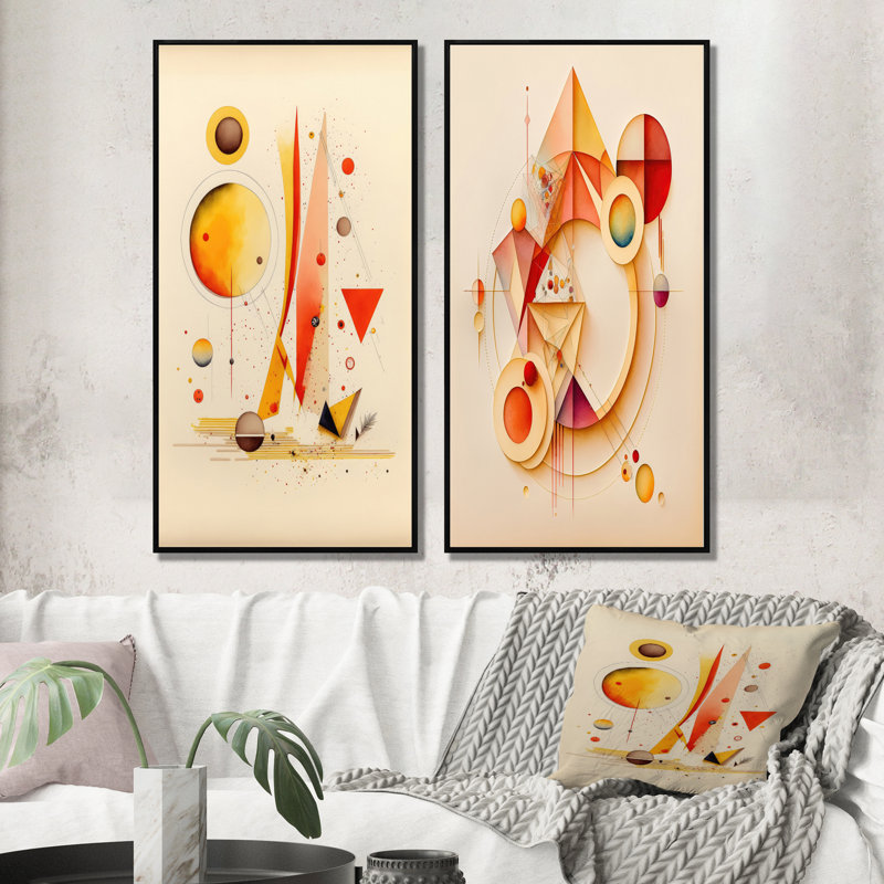 «Orange and Yellow Geometric Abstract», 2 pièces sur toile, Cadre noir, H 32 po x l 32 po