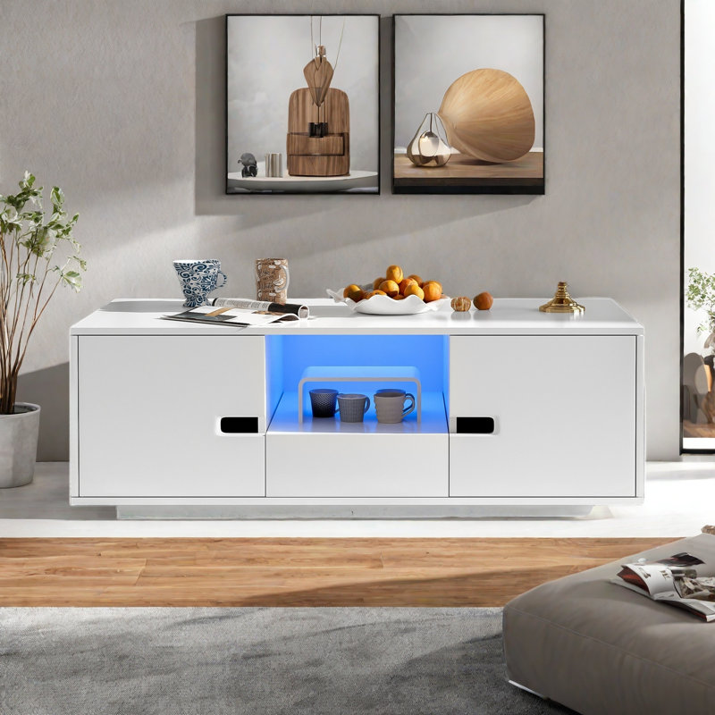 Modern High Glossy Rectangle Coffee Table With 2 Cabinets, One Drawer, 16 Colour Led Lights And A Open Shelf, White 